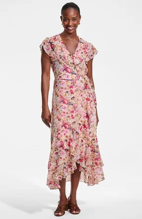 Lands End Chiffon Flutter Sleeve V-Neck Wrap Maxi Dress in Ivory/soft Blush Blooms at Nordstrom, Size Medium P