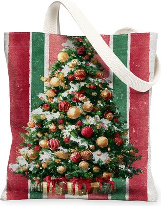 Generic Christmas Tree Canvas Tote Bags, Festive Holiday Pattern Reusable Shopping Bags, Colorful Vintage Lightweight Washable Handbag for Party Travel Grocer