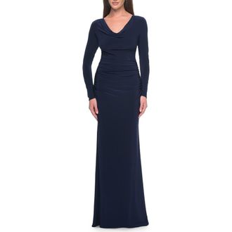 La Femme Long Jersey Evening Dress with Draped Neckline in Navy at Nordstrom, Size 20