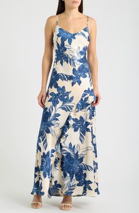 Parker Floral V-Neck Ruffle Maxi Slipdress in Coastal Fjord at Nordstrom, Size 16