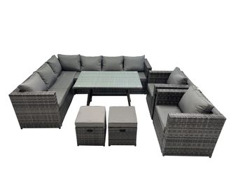 Fimous 10-seater Outdoor PE Rattan Sofa Set with with 2 Chair 2 Small Stools in Dark Grey