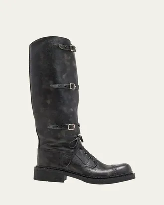 Miu Miu Antic Buckle Distressed Leather Knee-High Boots