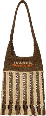 Isabel Marant Handwoven Raffia Tote Bag with Fringe and Logo Detail