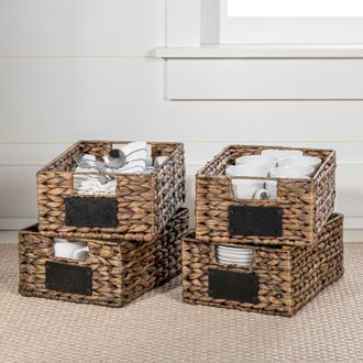Happimess Lane Classic Farmhouse Handwoven Hyacinth Pantry Baskets with Chalkboard Labels and Handles (Set of 4)