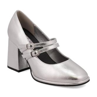 Mia Neela Pumps Womens Silver Faux Leather Adjustable Strap Block Heel HTAT1067