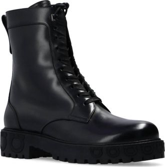 Ferragamo Womens Leather Combat Boots In Black