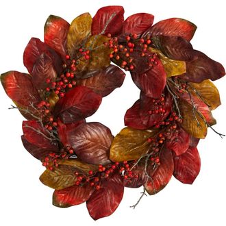 Nearly Natural 24-in Harvest Magnolia Leaf and Berries Artificial Wreath in Orange at Nordstrom