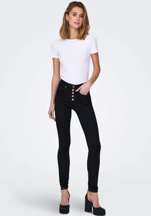 Only High-waist-Jeans ONLY ONLROYAL HW SK FLY BTN GUA DK BLUE BOX, Damen, Gr. XS (34), L&auml;nge 32, schwarz, Denim/Jeans, Obermaterial: 69% Baumwolle, 30% Pol