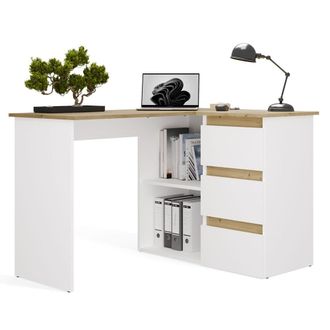 Topeshop Nicea - Escritorio De Esquina Con Almacenaje - 3 Cajones + 2 Estantes - 120x48,5x75 Cm - Escritorio Para Ordenador - Roble Artisan / Blanco