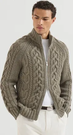 Brunello Cucinelli Cable knit cardigan in cashmere Feather yarn with zipper in Military at Nordstrom, Size 52
