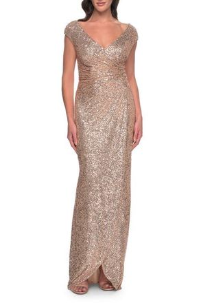 La Femme Sequin Evening Dress with Ruching and V Neckline in Rose Gold at Nordstrom, Size 18