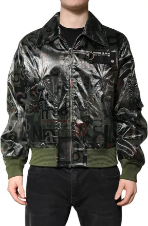 Dolce & Gabbana Mens Letter Print Bomber Jacket - Dark Green Nylon - Size EU 50 (Mens)