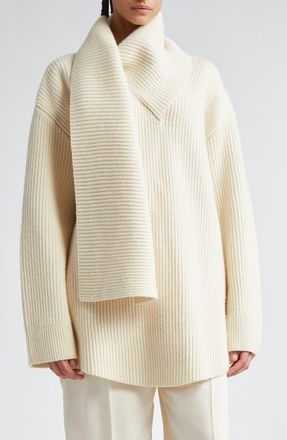 Toteme Draped Scarf Oversize Funnel Neck Wool Rib Sweater in Off White at Nordstrom, Size Xx-Small