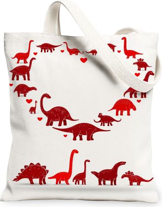 Generic Cute Dinosaur Canvas Tote Bags, Dino Heart Pattern Reusable Bags, Eco-Friendly Lightweight Washable Shoulder Strap for Trav, White, 13x15 Inch