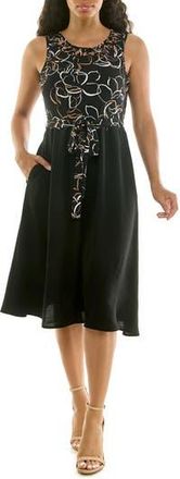Nina Leonard Tie Waist A-Line Dress in Black/Mink Multi at Nordstrom Rack, Size X-Large