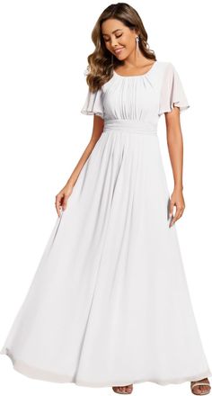 Ever-pretty Simple Chiffon Pleated A-Line Round Neckline Maxi Bridesmaid Dress White 16UK