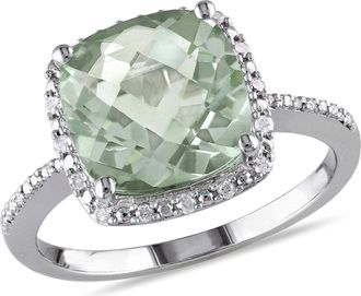 Mimi & Max 4ct TGW Cushion Cut Green Quartz and 1/10ct TDW Diamond Halo Ring in Sterling Silver