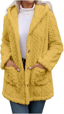Generic Women Fleece Jacket Sherpa Warm Fluffy Thicken Button Down Winter Hooded Coats Soft Cozy Long Sleeve Thermal Plush Outwears with Pockets