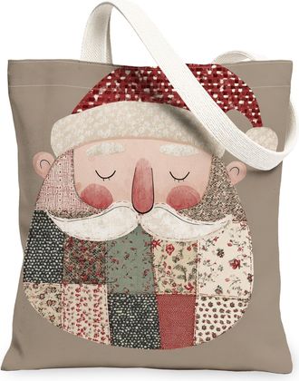 Generic Christmas Santa Canvas Tote Bag, Festive Patchwork Design Reusable Grocery Bags, Holiday Lightweight Washable Shoulder Strap Canvas Bags for Shopping 