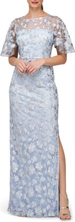 JS Collections Brooke Floral Embroidered Column Gown in Silver/Azure at Nordstrom, Size 10