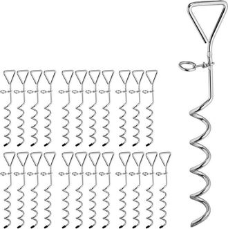 Relaxdays 24 Piquetas Para Camping, Espiral, Carpas & Cama El&aacute;stica, Acero, Sistema De Anclaje, 42 Cm, Plateado