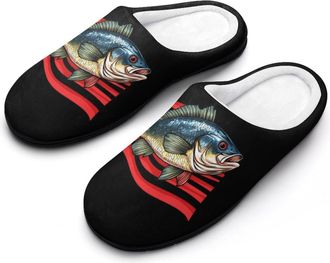 Generic Bass Fish U.S.A. Flag Mens House Slippers Memory Foam Washable Cotton Slip on Home Shoes