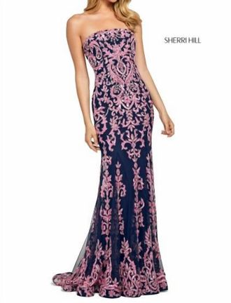 Sherri Hill Lace Up Back Beaded Gown In Navy Pink