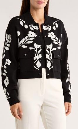 Ellen Tracy Floral Snap Front Crop Cardigan in Black/Marshmallow Flower at Nordstrom Rack, Size X-Small