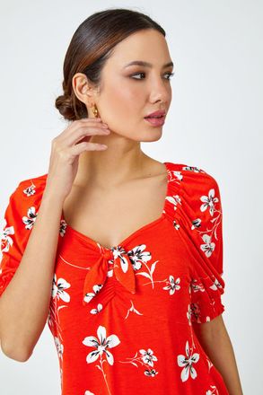 Roman Floral Print V-Neck Tie Detail Jersey Top