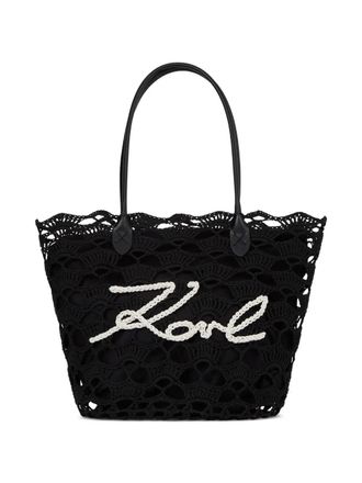 Karl Lagerfeld Intricate Openwork Crochet Tote Bag with Logo Detail