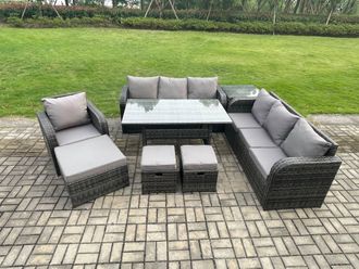 Fimous 10 Seater Outdoor Rattan Garden Furniture Set Rectangular Dining Table & Chairs Set with 3 Seater Sofa 3PC Footstools Side Table in Dark Grey