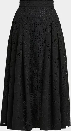 Alberta Ferretti Eyelet-Embroidered Pleated Midi Skirt
