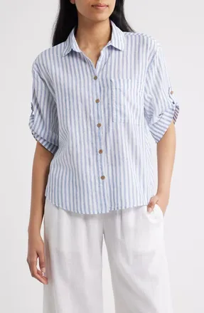 Beach Lunch Lounge Mason Short Sleeve Stripe Button-Up Shirt in Misty Lines at Nordstrom, Size X-Small