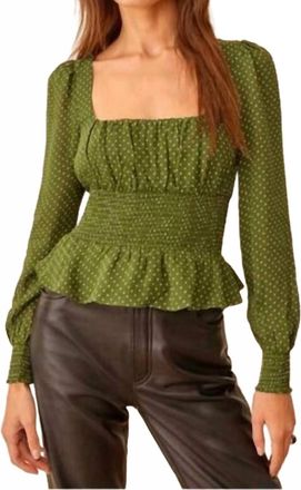 Reformation Hearth Smocked Long Sleeve Blouse In Green Polka Dot