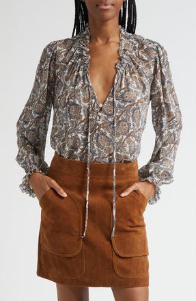 Veronica Beard Hickory Print Tie Neck Silk Blend Shirt in Dove Multi at Nordstrom, Size 10