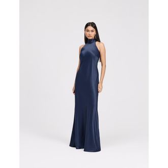 Ghost London Angelica High Neck Satin Maxi Dress in Navy at Nordstrom, Size 12
