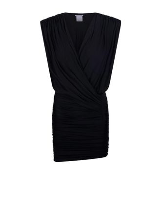 Amazu&igrave;n Draped Black Mini Dress With Gathered Shoulders And Asymmetrical Hem