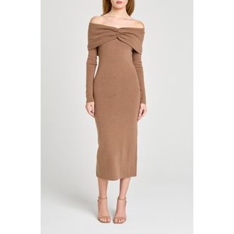 Wayf Alice Off the Shoulder Long Sleeve Knit Dress in Mocha at Nordstrom, Size X-Large