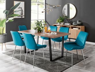 Furniturebox Kylo Large Brown Wood Effect Dining Table & 6 Pesaro Velvet Silver Leg Chairs in Blue