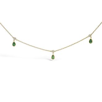 House of Brilliance 10K Yellow Gold Dangling 5x3 mm Green Emerald and Diamond Station Necklace - 18 Inches
