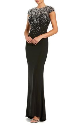Mac Duggal Crystal Embellished Jersey Fitted Cap Sleeve Gown in Black at Nordstrom, Size 10