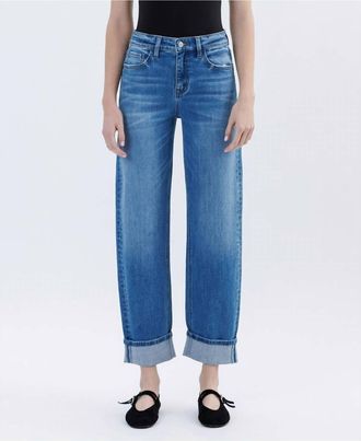 Flying Monkey High Rise Cuffed Barrel Leg Jeans In Medium