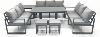 Fimous Fimous 11 Seater Garden Sofa Set Aluminium Furniture Rising Dining Tabe Set with Side Table 2 Small Footstools Dark Grey