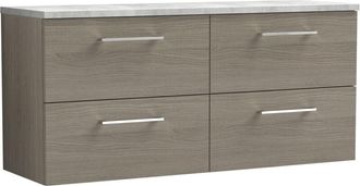 Nuie Arno Wall Hung 4-Drawer Vanity Unit with Bellato Grey Worktop 1200mm Wide - Solace Oak - Nuie