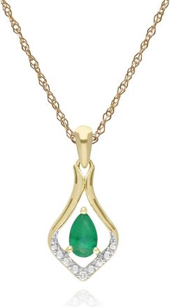 Gemondo Classic Pear Emerald & Three Diamond Leaf Halo Pendant in 9ct Yellow Gold