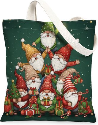 Generic Gnome Christmas Canvas Tote Bags, Fun Holiday Characters Eco-Friendly Grocery Bags, Vintage Lightweight Washable Shoulder S, Green, 13x15 Inch