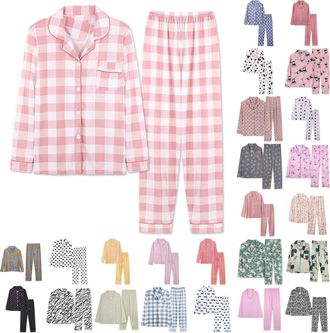 Generic Pjs For Women Sets Long Sleeve Button Up Tops And Wide Leg Pants Checked 2 Piece Pyjamas Sets Soft Warm Cosy Sleepwear Pajamas Autumn Winter Pj Ladies