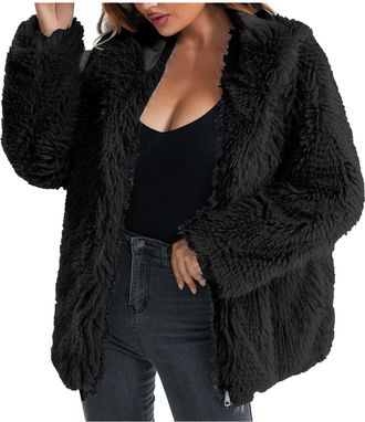 Generic Womens Faux Fur Coat Short Artificial Long Sleeve Casual Overcoat Solid Thick Outerwear Winter Jacket Crew Neck Zip-up Plush Warm Cardigan Fluffy Coat