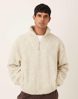 Asos Collo a imbuto in pile borg testurizzato oversize &eacute;cru con zip corta-Bianco