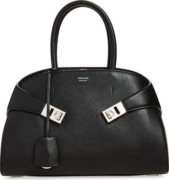 Ferragamo Small Hug Scarf Print Leather Top Handle Bag in Black at Nordstrom